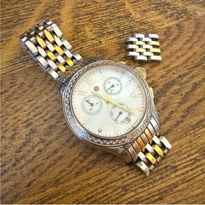 FINAL PRICE Authentic Michele Round Face Watch w/ Diamond Bezel & Two Tone Band
